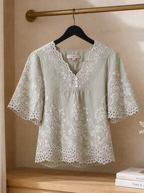 LOFT Sage Green Eyelet Embroidered V-Neck Top